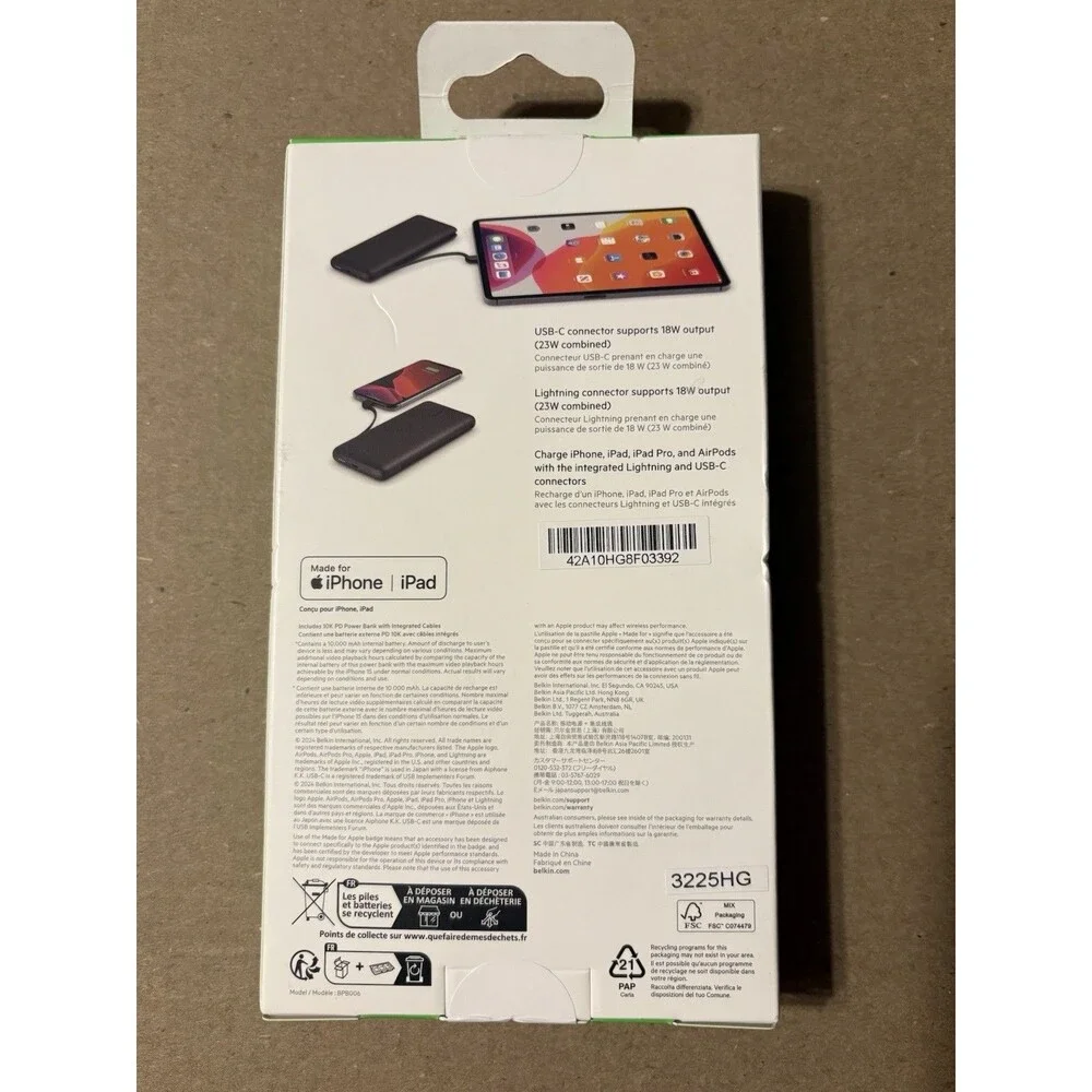 Belkin BoostCharge Plus Power Bank 10,000mAh with Integrated Cables NEW
